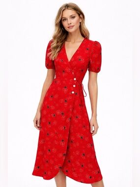 Rouje Paris Gabin Red Floral Wrap Midi Dress Button Front Puff Sleeve